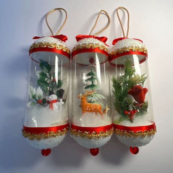 3 vintage diorama Christmas ornaments; snowman, deer, cardinal, MCM - Picture 3 of 6